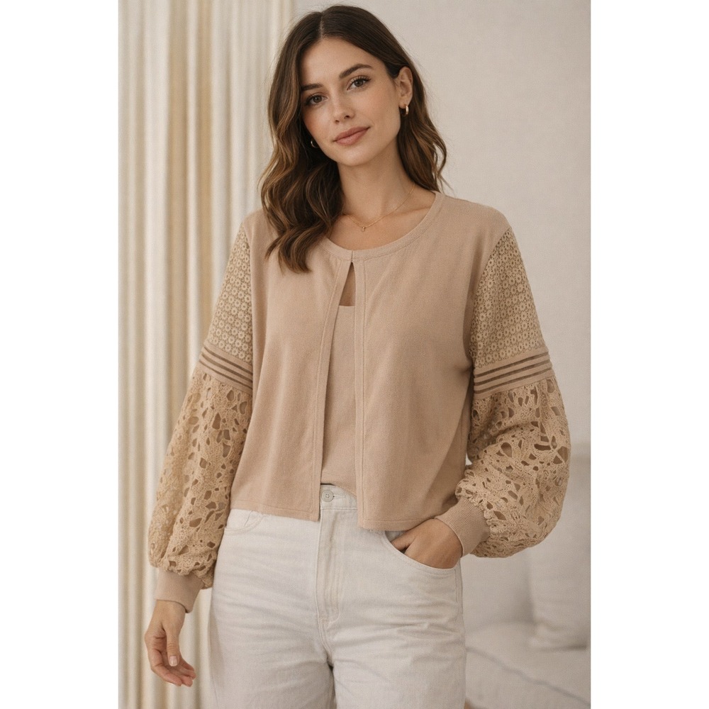 Siani Milano Cardigan Sweater Womens Size XL Flax Tan Open Lace Sleeves‎ Modest